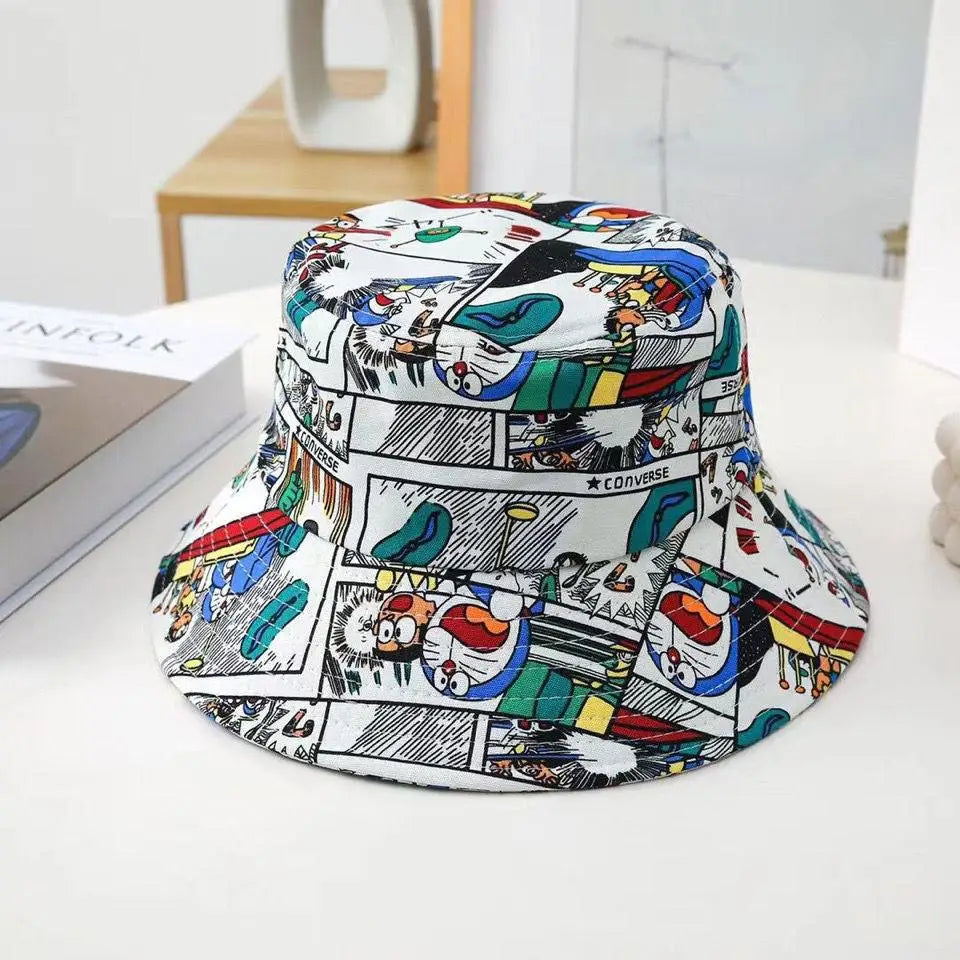 Chapeau bob unisexe doraemon blanc avec design coloré en bande dessinée pour un chapeau polyvalent arboré