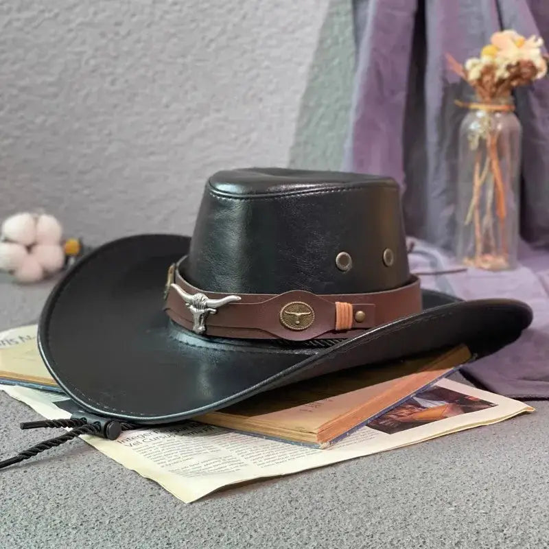 Chapeau cowboy homme femme en cuir noir avec bande marron et boucle longhorn argent pour chapeaux de cowboy pas cher