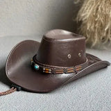 Chapeau cowboy homme femme en cuir marron avec bande tressée et perles turquoise chapeaux de cowboy pas cher