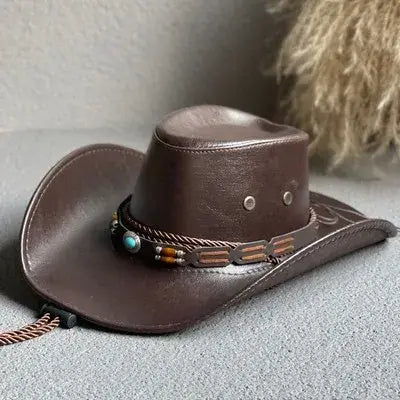 Chapeau cowboy homme femme en cuir marron avec bande tressée et perles turquoise chapeaux de cowboy pas cher