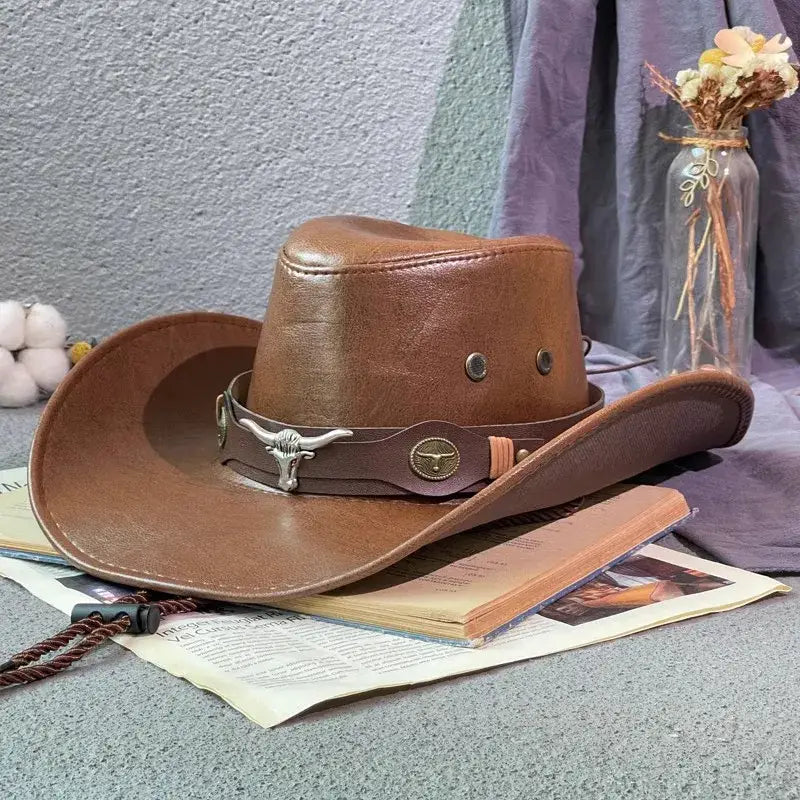 Chapeaux de cowboy marron en cuir avec boucle de tête de taureau en argent pour homme et femme