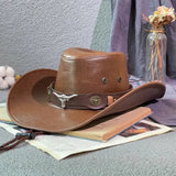 Chapeaux de cowboy marron en cuir avec boucle de tête de taureau en argent pour homme et femme