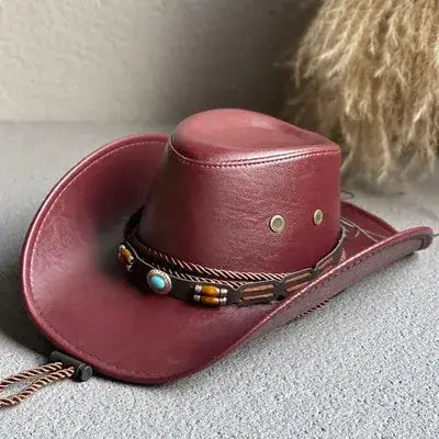Chapeau cowboy homme femme en cuir bordeaux avec bande tressée et perles turquoise pour chapeaux de cowboy pas cher