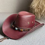 Chapeau cowboy homme femme en cuir bordeaux avec bande tressée et perles turquoise pour chapeaux de cowboy pas cher