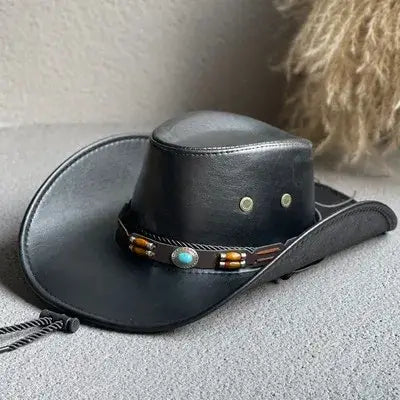 Chapeau cowboy homme femme en cuir noir avec bande décorative de perles turquoise et marron chapeaux de cowboy pas cher