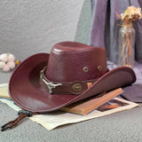 Chapeau cowboy homme femme en cuir bordeaux avec boucle tête de taureau argentée et clous métalliques, chapeaux de cowboy pas cher