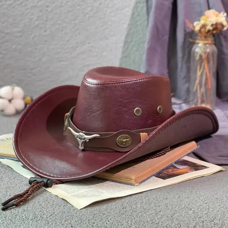 Chapeau cowboy homme femme en cuir bordeaux avec boucle tête de taureau argentée et clous métalliques, chapeaux de cowboy pas cher