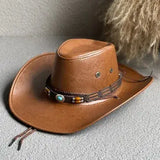 Chapeaux de cowboy homme femme en cuir marron avec bande décorative en pierres turquoise et perles en bois
