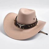 Chapeau cowgirl élégant western beige en feutre avec bande en cuir marron orné de clous dorés et boucle longhorn en argent, chapeaux de cowboy pour femme
