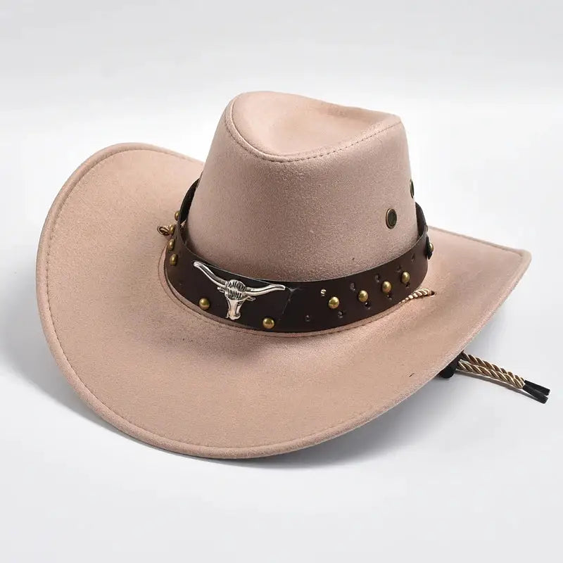 Chapeau cowgirl élégant western beige en feutre avec bande en cuir marron orné de clous dorés et boucle longhorn en argent, chapeaux de cowboy pour femme