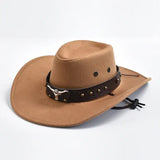 Chapeau cowgirl élégant western en daim tan avec bande en cuir marron et boucle tête de taureau argentée, chapeaux de cowboy pour femme