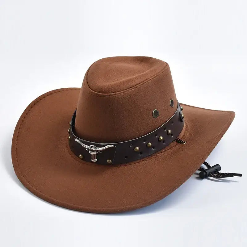 Chapeau cowgirl élégant western en daim marron avec bande en cuir noir et boucle tête de taureau pour chapeaux de cowboy pour femme
