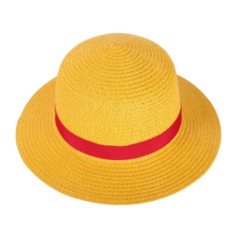 Chapeau de paille luffy jaune vif avec large bordure et ruban rouge autour de la couronne chapeaux luffy