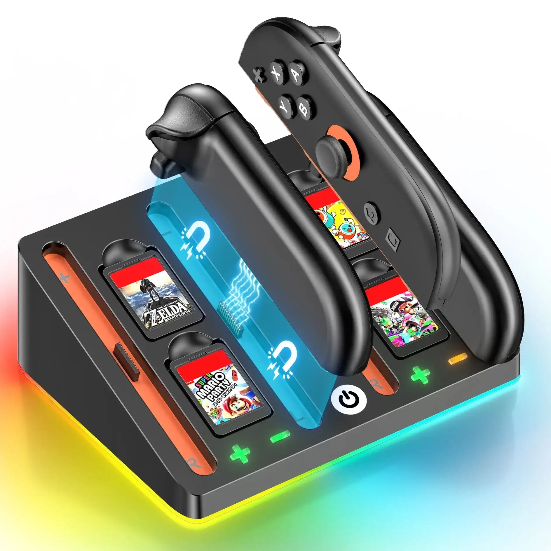 Chargeur joy-con switch 2 noir avec éclairage led coloré et emplacements magnétiques pour cartouches de jeux