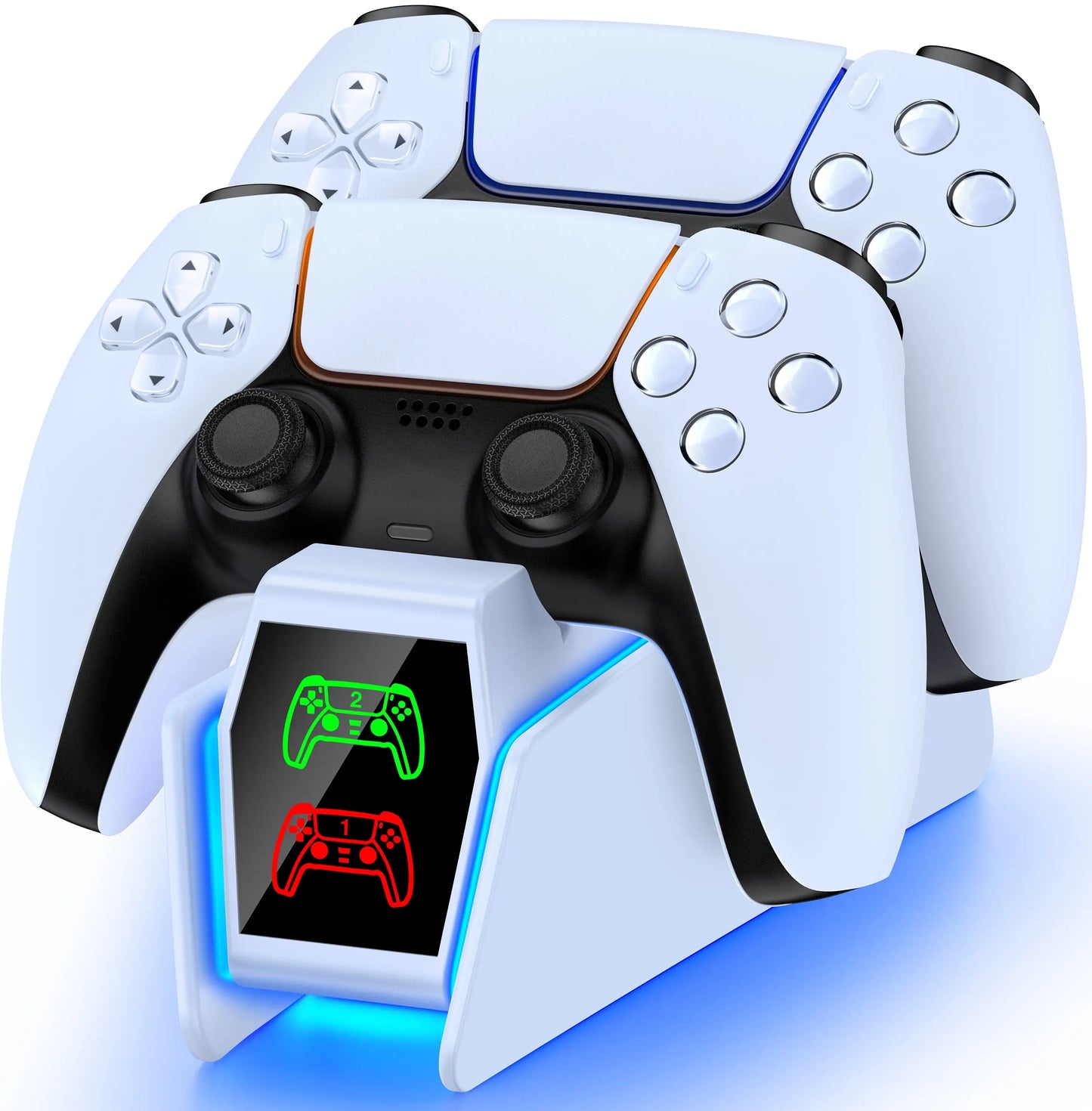 Chargeur port usb dualsense blanc et noir avec éclairage led bleu et affichage digital pour deux manettes ps5