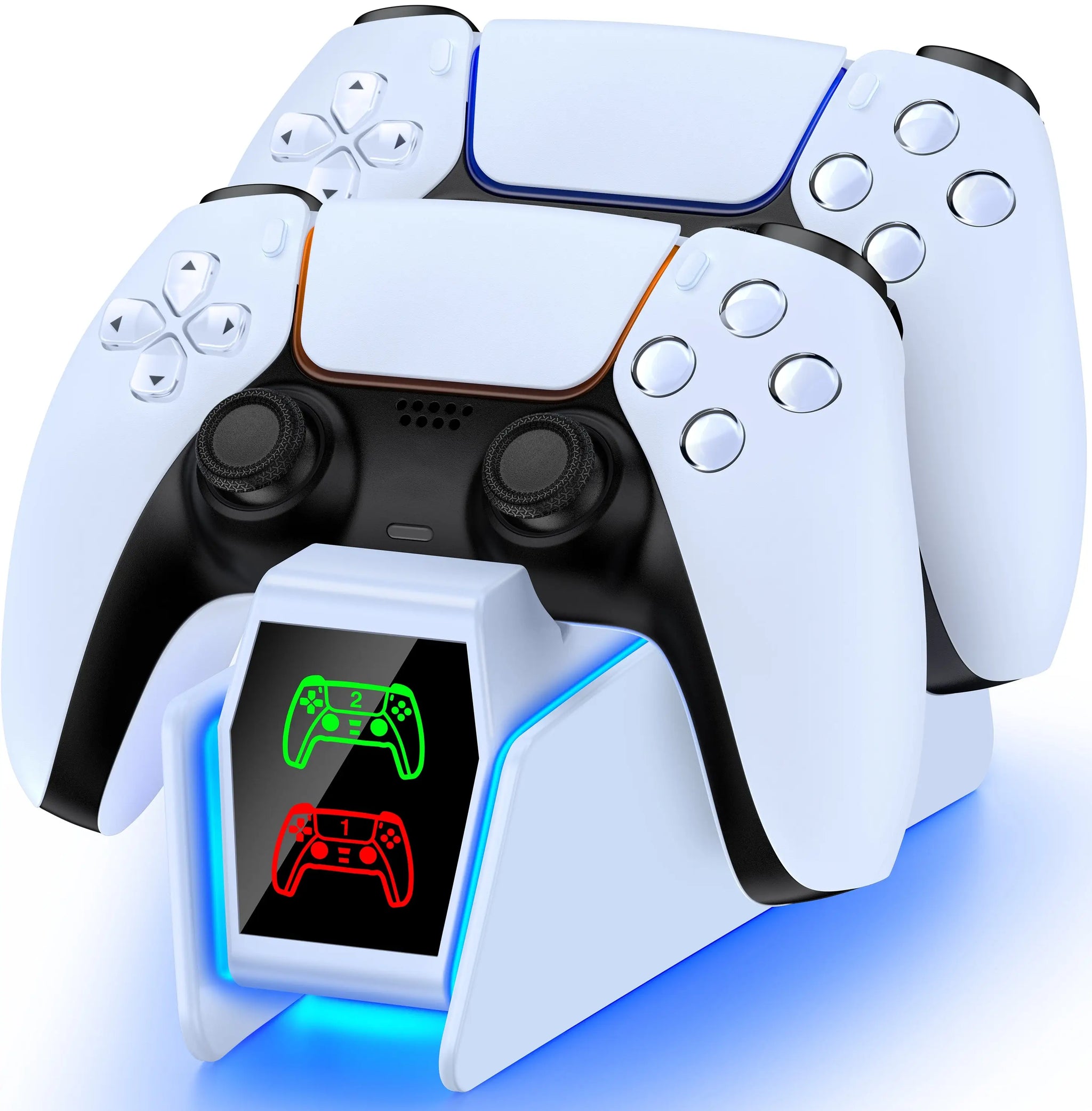 Chargeur port usb dualsense blanc et noir avec éclairage led bleu et affichage digital pour deux manettes ps5