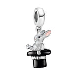 Charme argent lapin magicien en argent sterling avec oreilles roses sur chapeau noir pour bracelet ou collier
