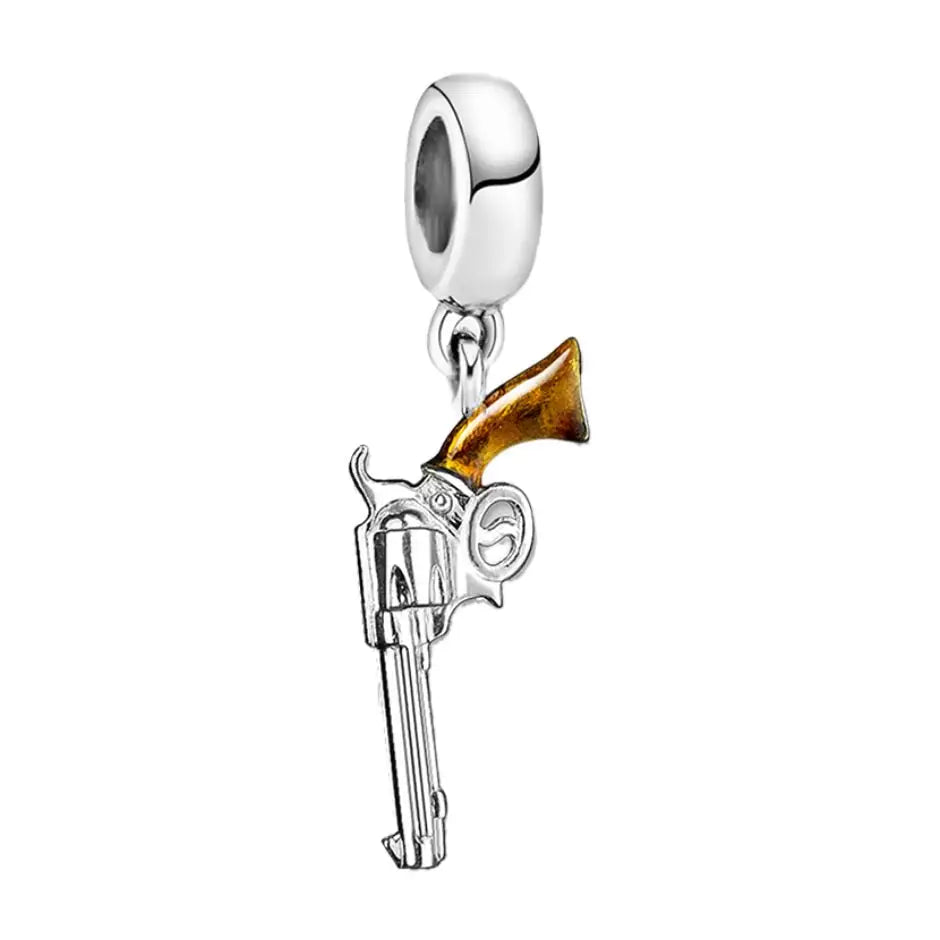 Charm pendentif pistolet western en argent avec poignée brun doré bijou unique pour bracelet style pandora
