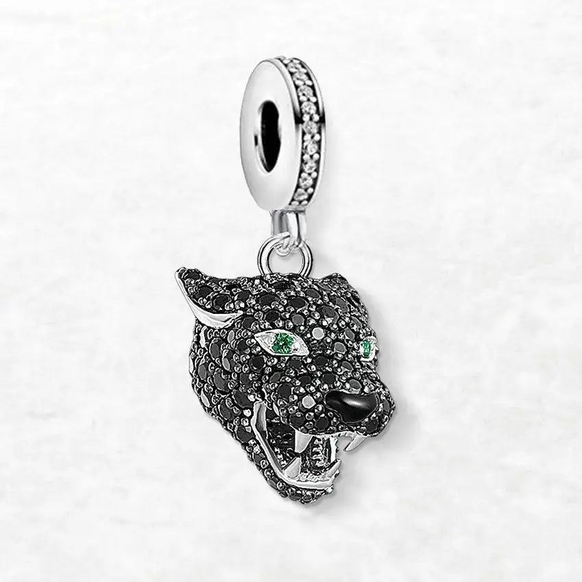 Charm pendentif tête panthère noire en argent sterling avec yeux en zircon vert pour collier panthère