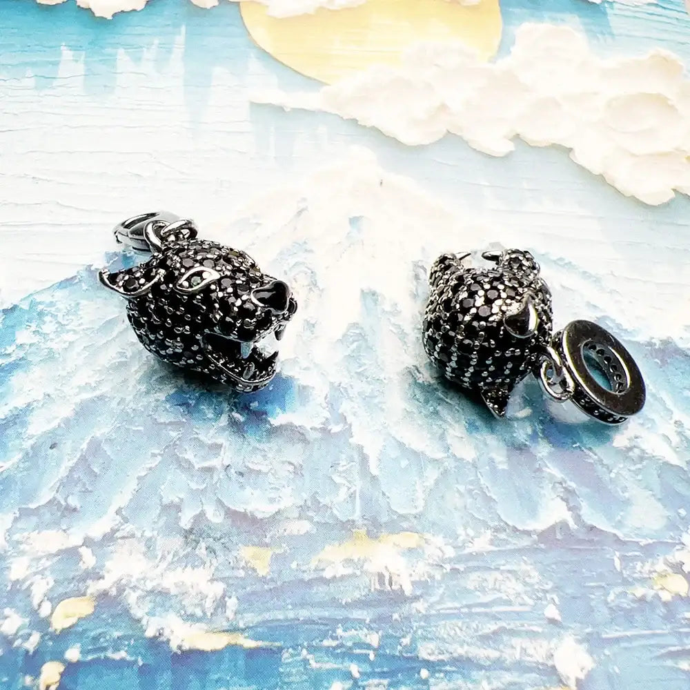 Black Panther Head Pendant Charm Silver Zircon