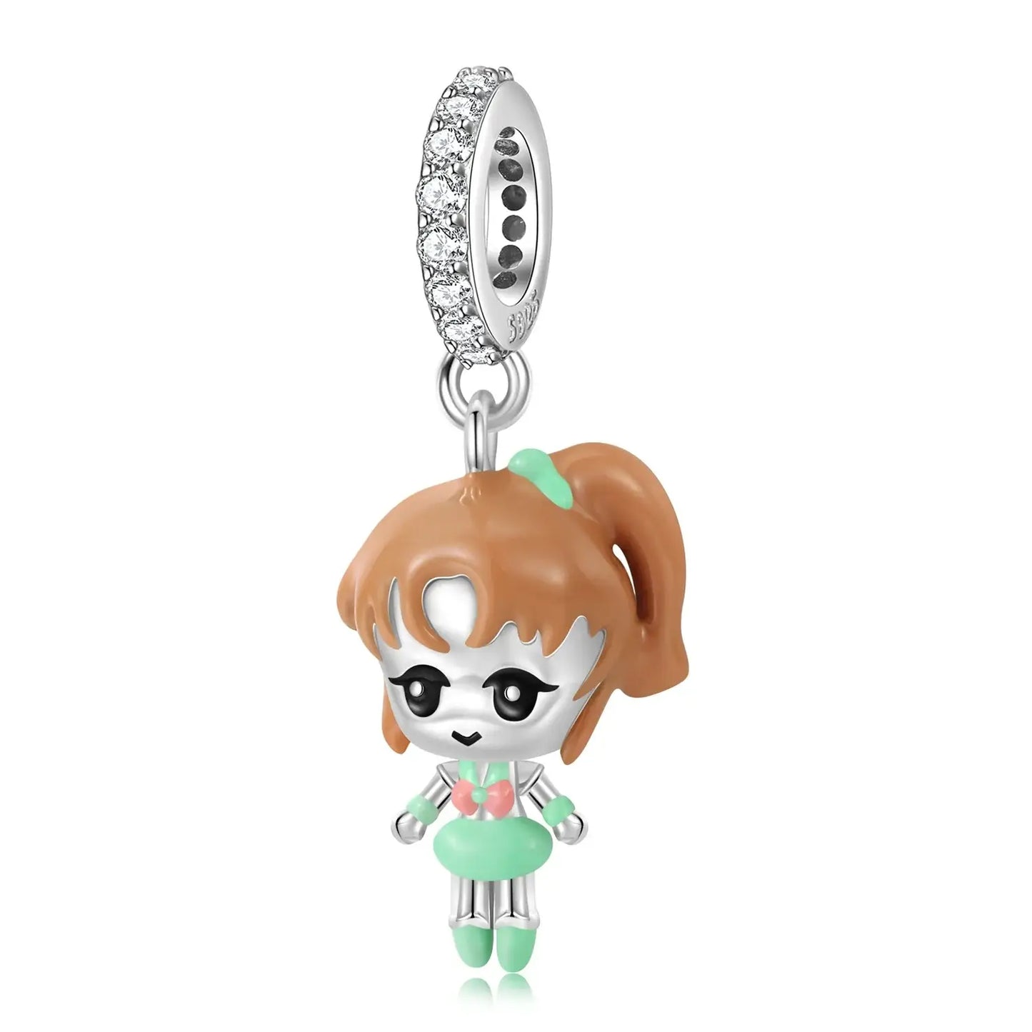 Charm argent 925 super girl sailor moon en argent avec fille chibi verte et cristaux éclat exceptionnel sur anneau