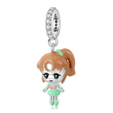 Charm argent 925 super girl sailor moon en argent avec fille chibi verte et cristaux éclat exceptionnel sur anneau