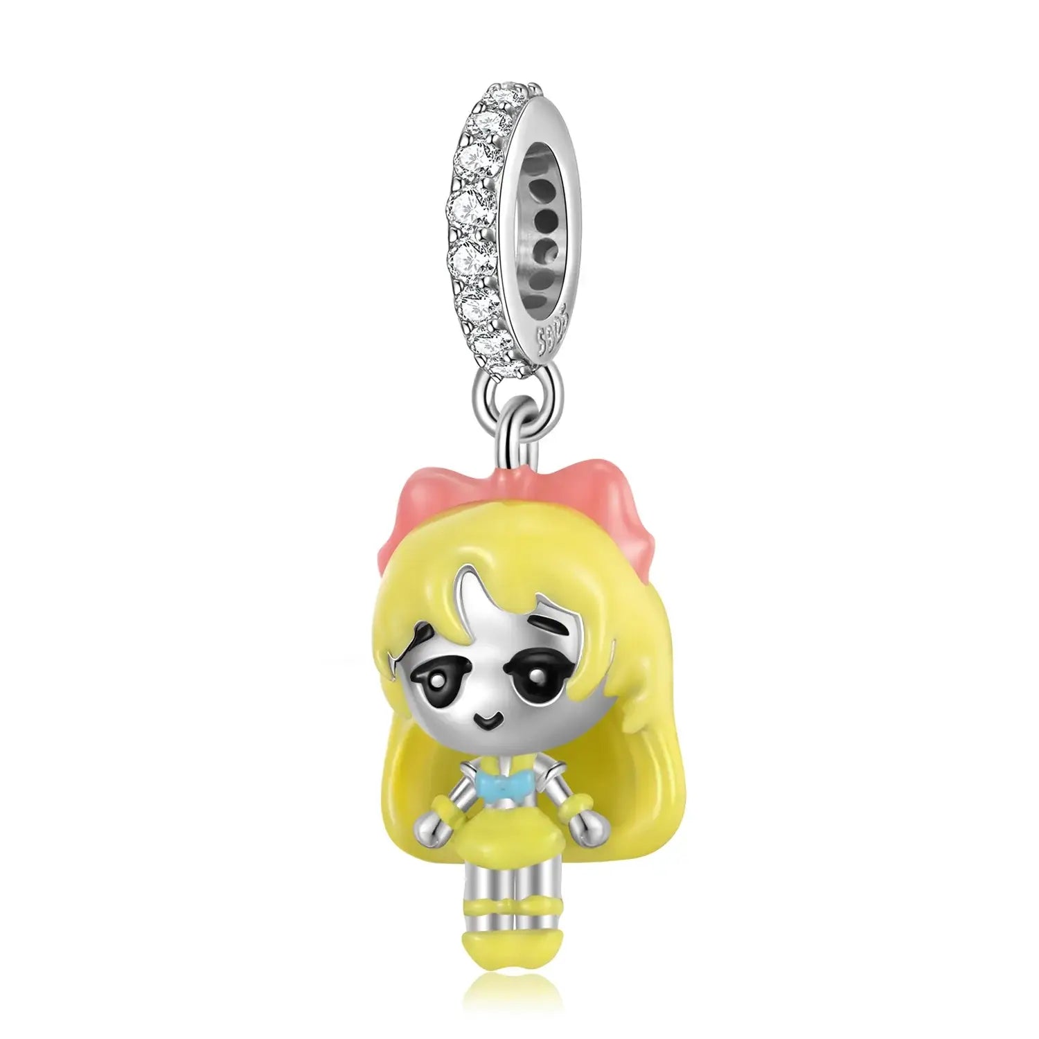 Charm charming alice yellow with pink bow and crystal accents made of argent 925 for sailor moon éclat exceptionnel