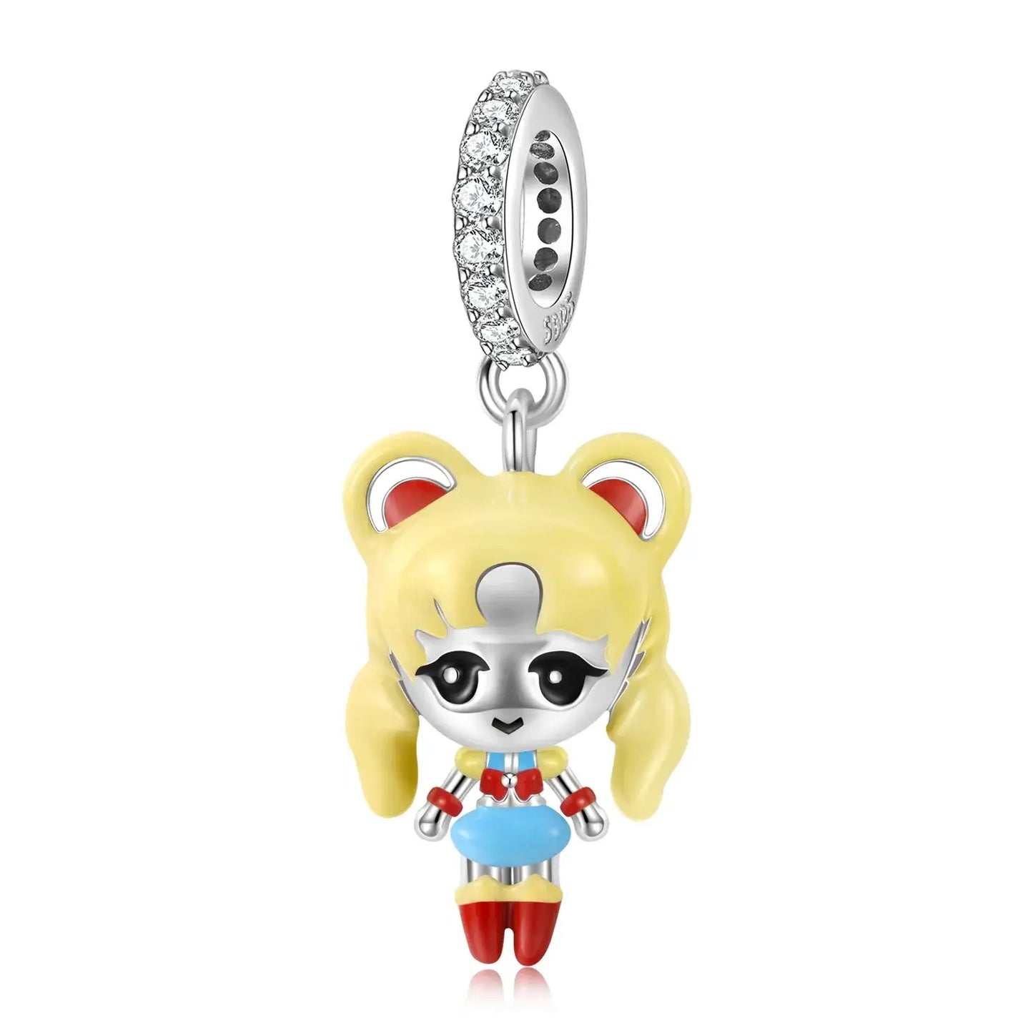Charms argent 925 super girl sailor moon avec éclat exceptionnel suspens doré cheveux jaunes et accessoires argentés