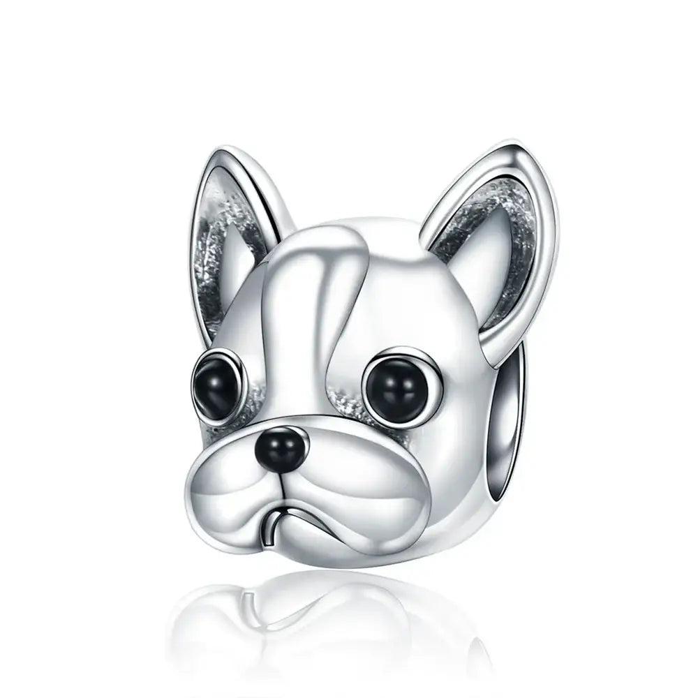 Charm chien argent en métal poli avec yeux et nez en onyx noir pour bracelet chiens argent touche d’élégance