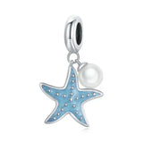 Charme argent en forme detoile de mer bleu clair avec des pois metalliques et une perle blanche pour bracelet océan