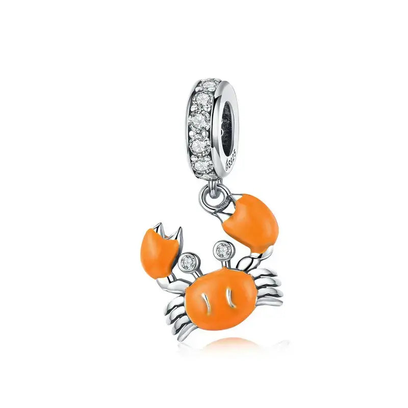 Chaton de crabe émail orange en métal argenté avec cristaux pour charms océan bracelet océan