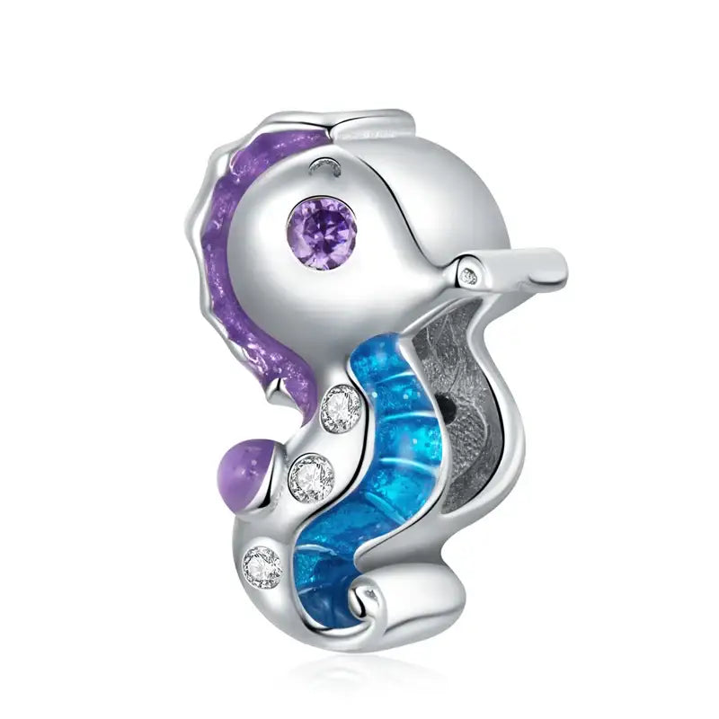 Charms argent en forme d hippocampe avec accents émail violet et bleu, œil améthyste et détails en cristal pour bracelet océan