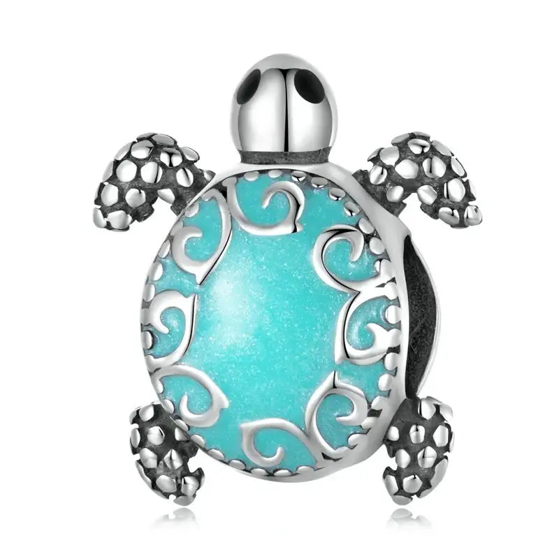 Charms argent tortue en argent avec coquille émail turquoise et motifs tourbillonnants pour bracelet océan