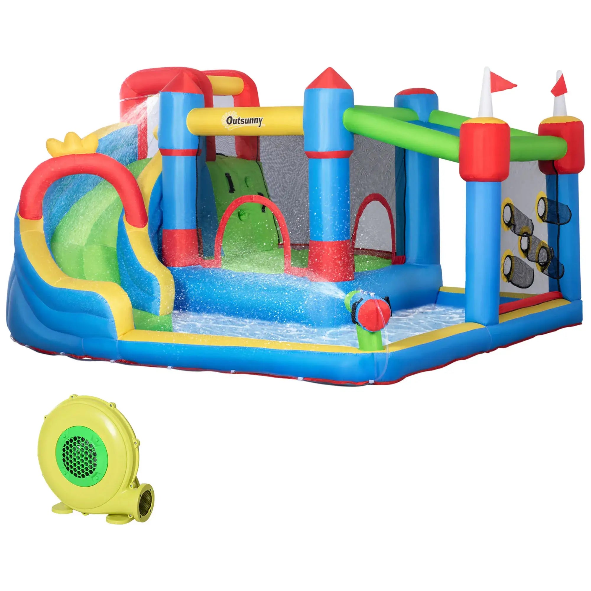 Château gonflable avec piscine pour enfants coloré en bleu rouge vert et jaune disponible dans magasins de jouets