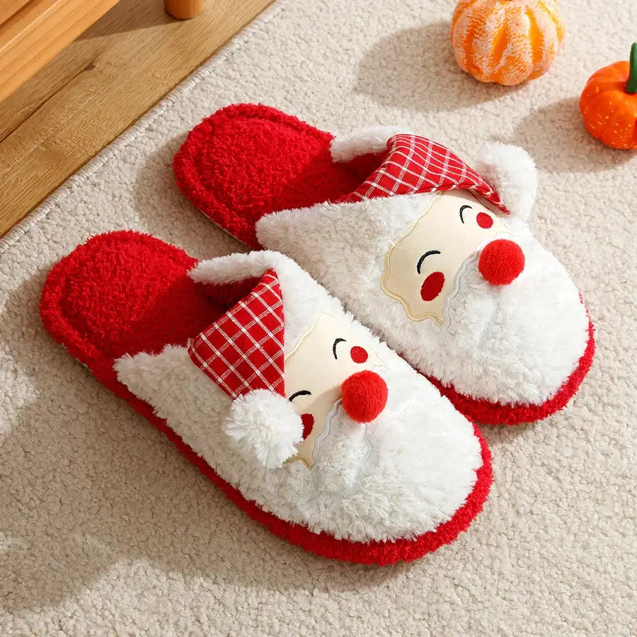Chaussons hiver père noel rouges et blancs en peluche avec visage brodé et pompon rouge pour chaussons femme hiver