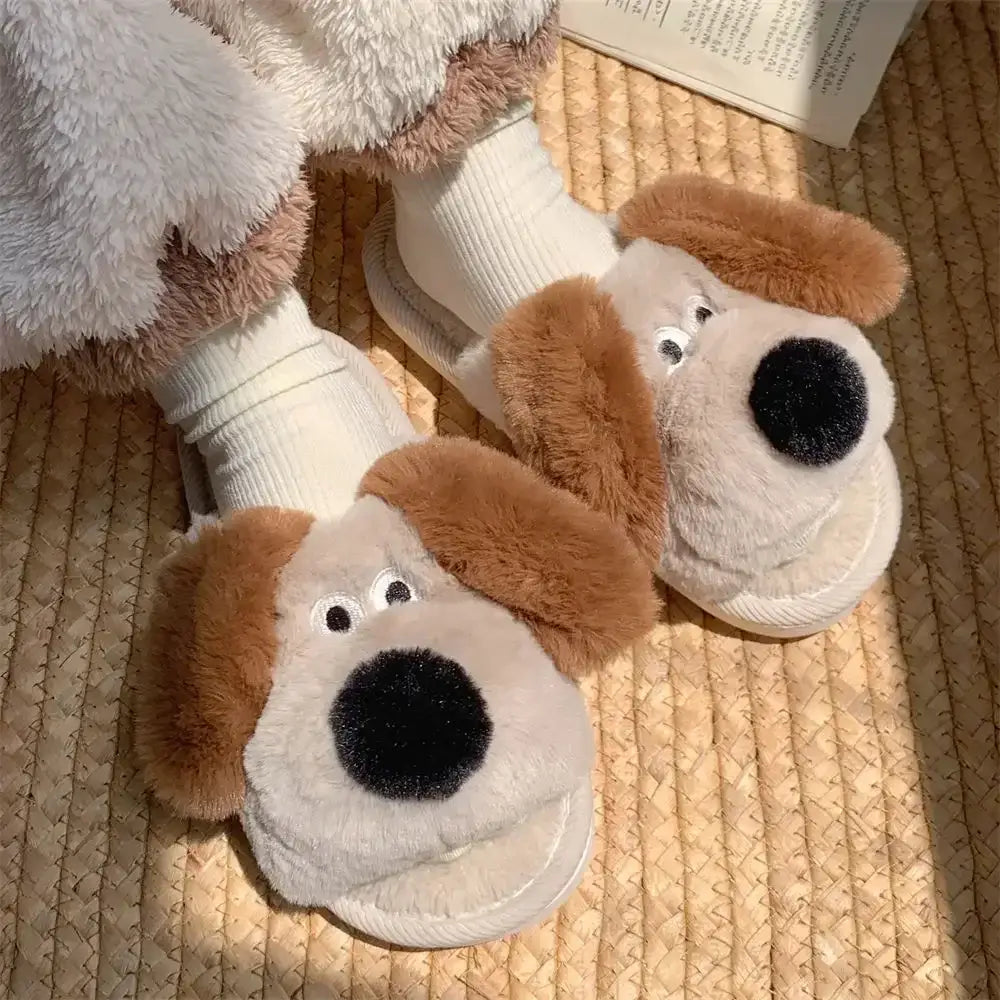 Chaussons wallace chaussons originaux en peluche, forme chien gromit avec fourrure blanche et marron, nez noir et yeux brodés
