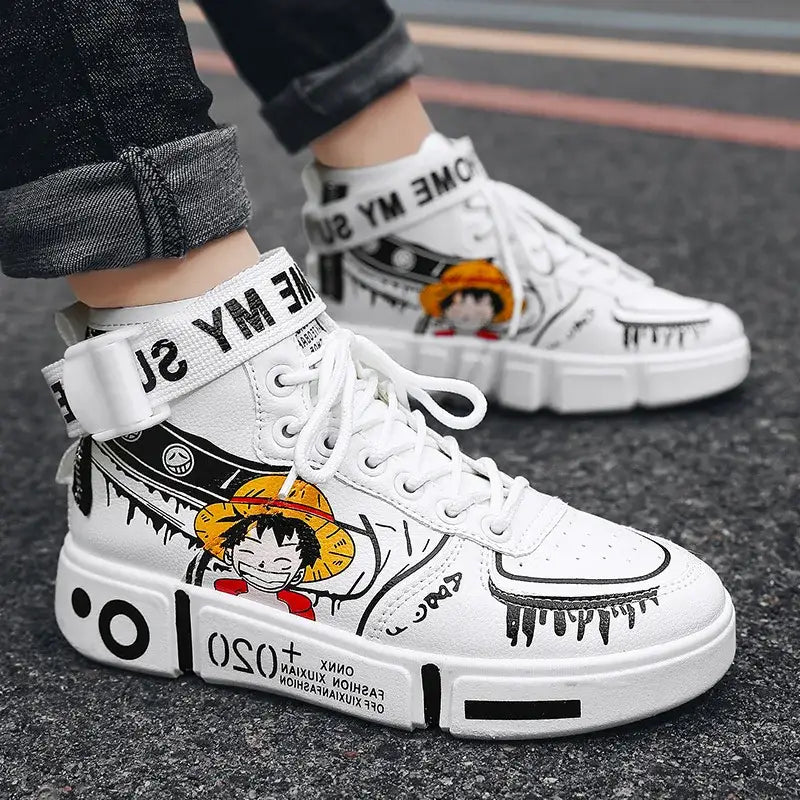 Chaussures basket anime one piece luffy en baskets one piece blanches en imitation cuir avec semelle antidérapante et design cartoons