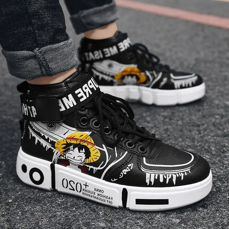 Chaussures basket anime one piece luffy baskets one piece noir en imitation cuir avec semelle antidérapante et design cartoon