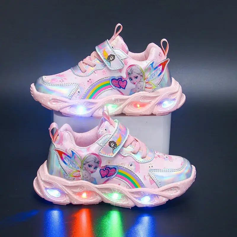 Chaussures disney lumineuses pour filles avec lumières led intégrées roses irisées et accents arc-en-ciel elsa frozen