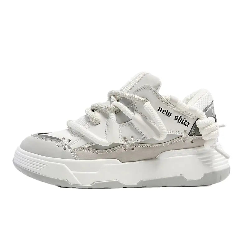 Chaussures luxe sport unisexe blanc et gris avec semelle épaisse superposée et lacets tressés allient style
