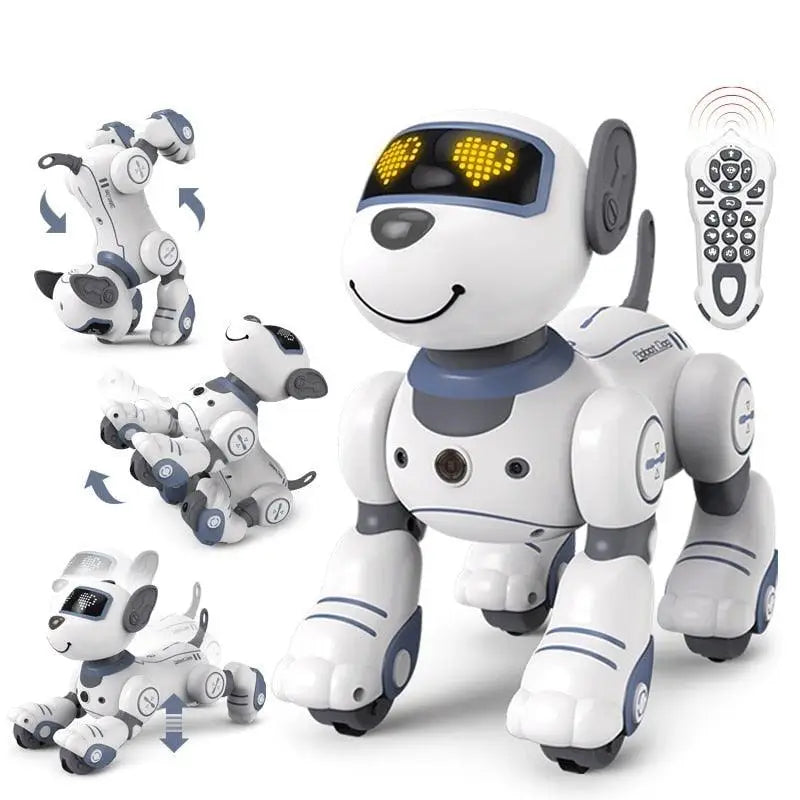 Chien robot électronique programmable blanc et gris avec yeux en forme de coeur jaune lumineux et programmation intelligente
