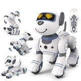 Chien robot électronique programmable blanc et gris avec yeux en forme de coeur jaune lumineux et programmation intelligente