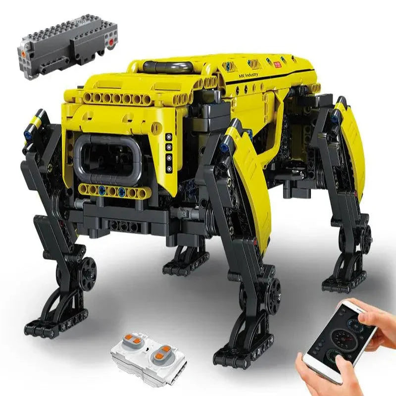 Chien robot télécommandés jaune et noir en briques plastiques avec télécommande robot télécommandés boston dynamics