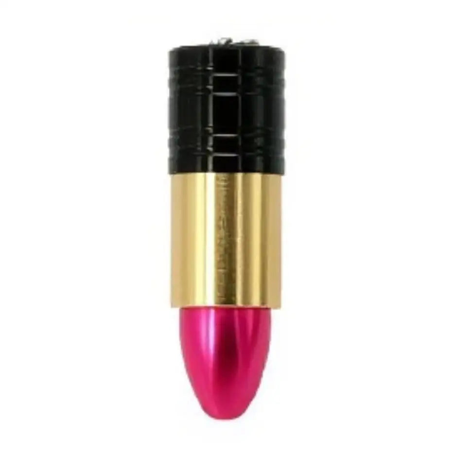 Clé usb en forme de rouge à lèvres métallique rose avec bague dorée et capuchon noir texturé, idéal pour déguisement carnaval