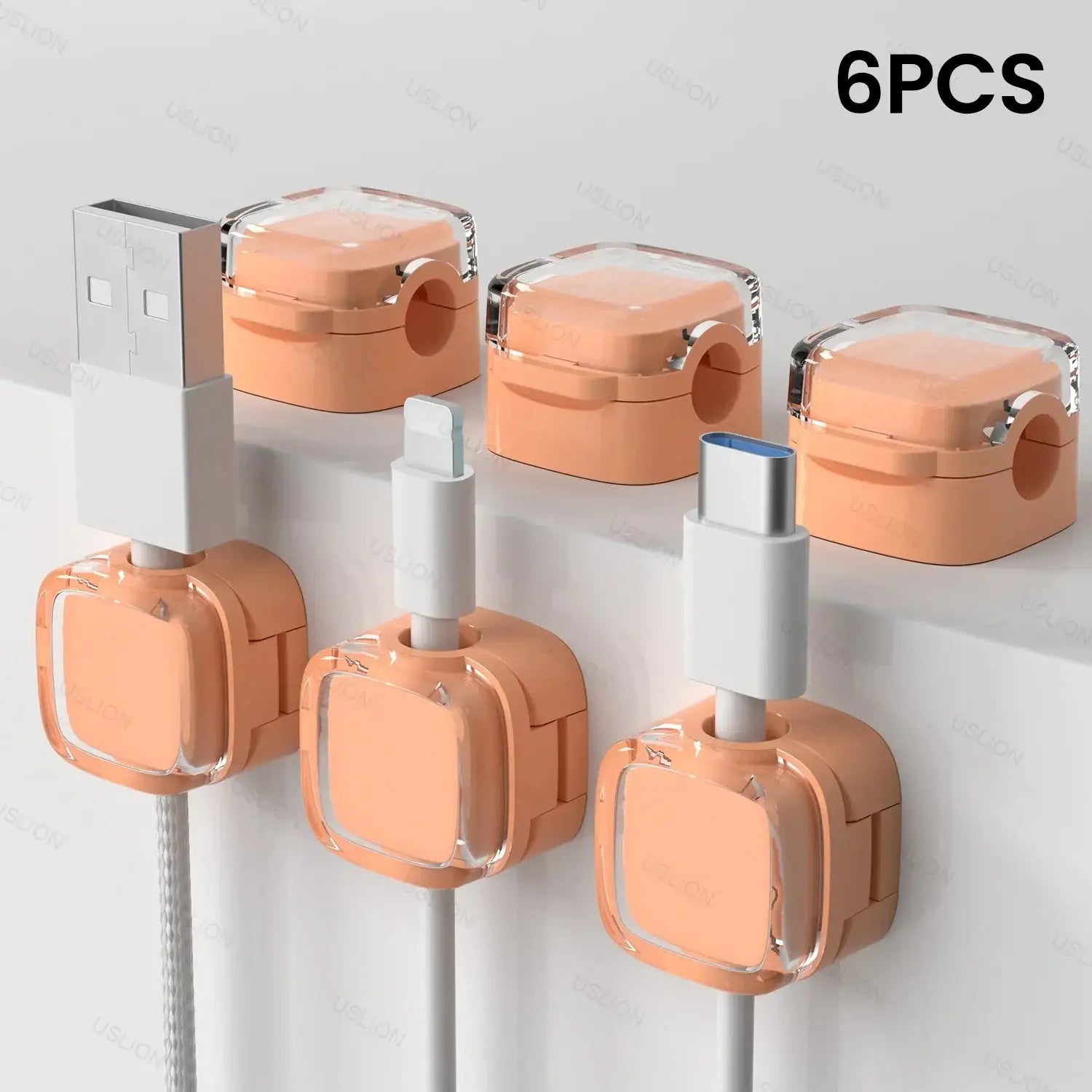 Ensemble de six clips magnétiques carrés pêche avec couvercles plastiques transparents pour gestion de câbles