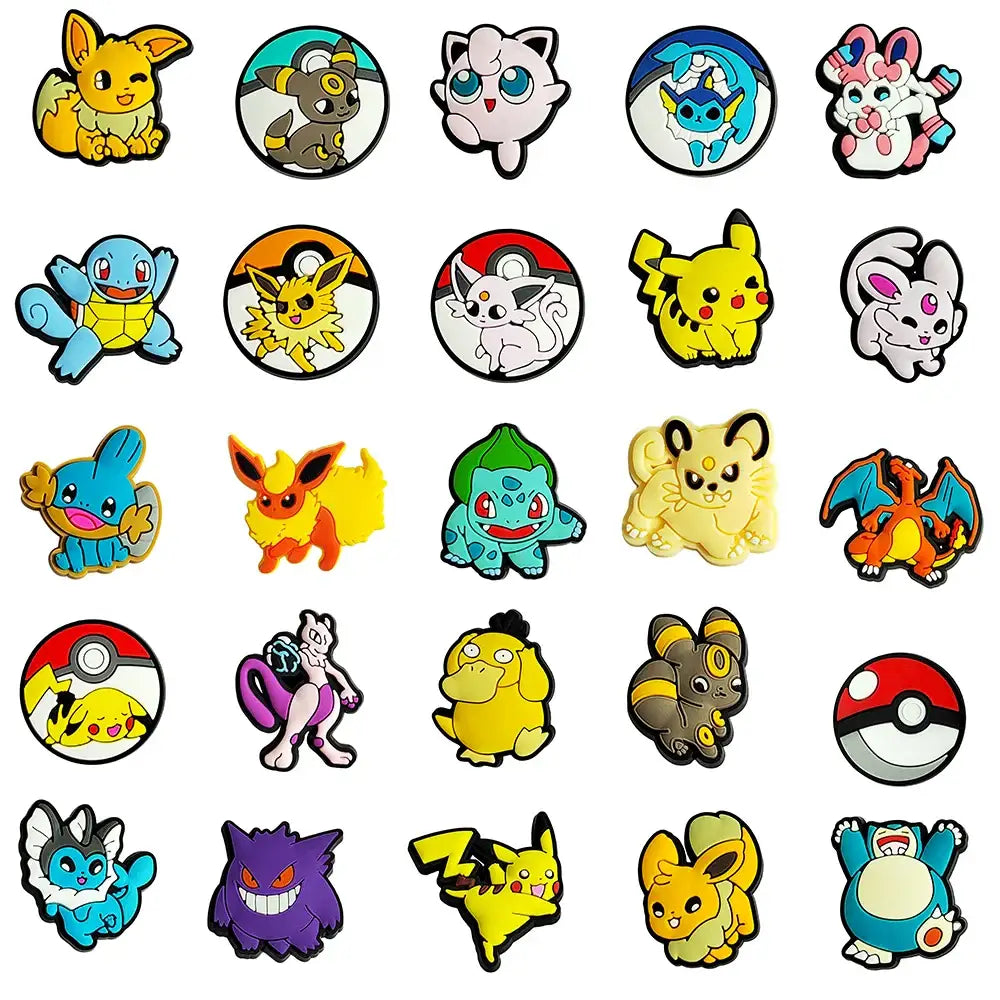 Clips chaussures pokémon résistantes à l’eau en caoutchouc coloré avec pikachu, eevee et bulbizarre brillants