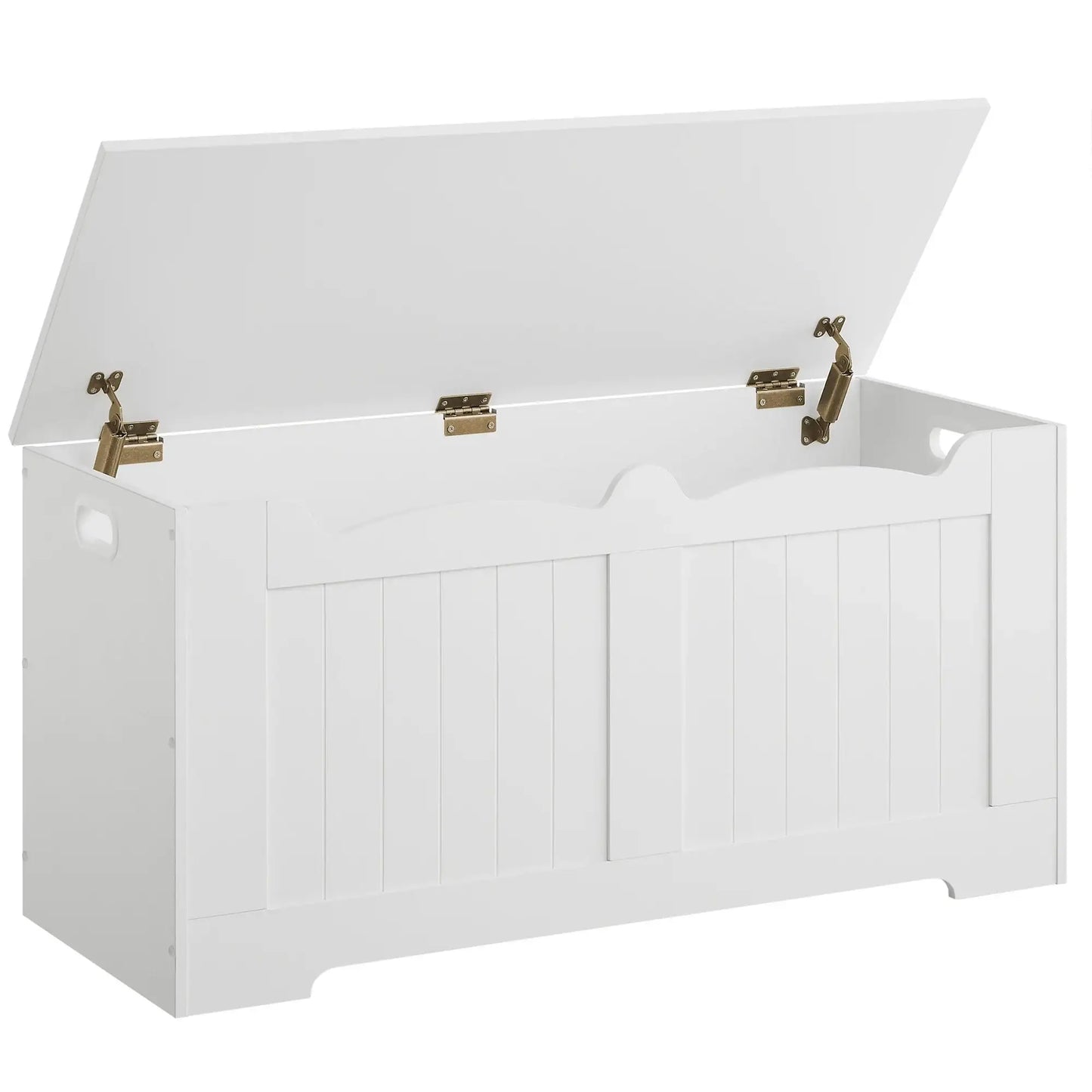 Rangement banc enfant en bois blanc avec couvercle à charnières métalliques dorées pour rangement pratique