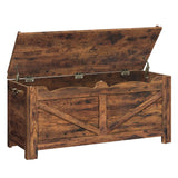 Rustic brown wooden rangement banc enfant with hinged lid and metal hinges for organized storage