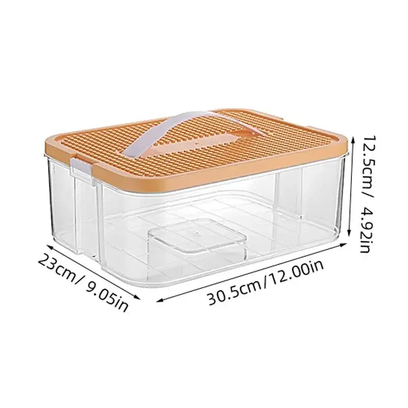 Coffre pour jouet lego en plastique transparent avec couvercle beige texturé et poignée intégrée pour rangement lego