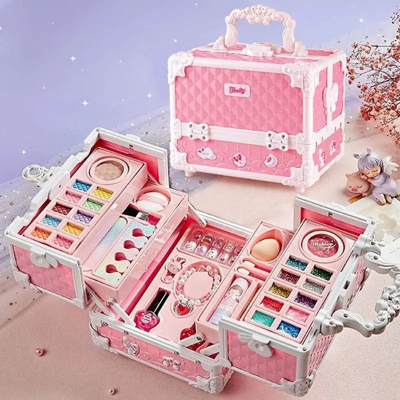 Coffret maquillage complet rose matelassé avec bordure blanche et poignée pour maquillage enfant filles